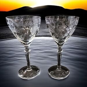 2 Vtg Rock Sharpe Cordial Coupe Glasses‎ Etched Floral Crystal Bird Of Paradise
